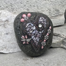 Light Pink Dragonfly Mosaic Heart Garden Stone, GardnerGift, Garden Decor