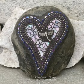 Iridescent White Dragonfly Mosaic Heart Garden Stone, GardnerGift, Garden Decor