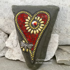 Red and Yellow Flower Mosaic Heart with Dragonfly, Garden Stone, Garden Decor