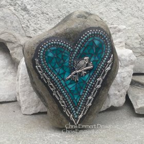 Turquoise Heart with Bird, Garden Stone, Mosaic, Garden Decor