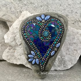 Iridescent Blue Heart, (1) Garden Stone, Mosaic, Garden Decor