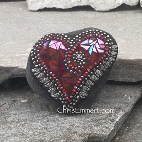 Red Valentine Heart, Dragonfly Wings, Mosaic Paperweight / Garden Stone