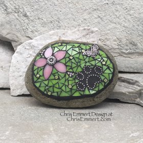 Pink Flower w/Lime Green, Black Paw Print - Garden Stone, Pet Memorial, Garden Decor'