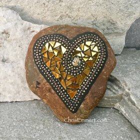 Gold Mirror Heart (1), Mosaic Paperweight / Garden Stone