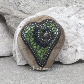 Lime Green Leaf Heart, Garden Stone, Mosaic, Garden Decor