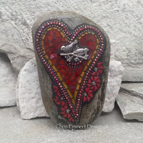 Red Heart with Birds and Flowers, Garden Stone, Mosaic, Garden Decor