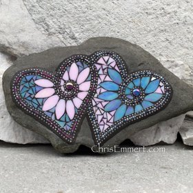 Double Mosaic Heart, Wedding Mosaic Rock, Mosaic Garden Stone, Iridescent Pink and Blue, Home Decor, Garden Gift, Gardener