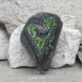 Lime Green Butterfly Heart, Mosaic Paperweight / Garden Stone