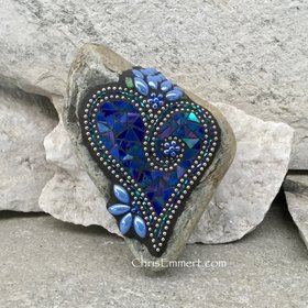 Iridescent Blue Heart, (2) Garden Stone, Mosaic, Garden Decor