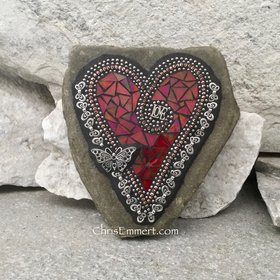 Red Love Mosaic Heart, Butterflies, Mosaic Rock, Mosaic Garden Stone,