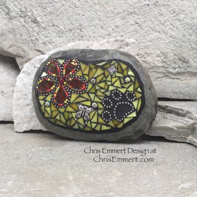 Red Flower w/Yellow, Black Paw Print - Garden Stone, Pet Memorial, Garden Decor'