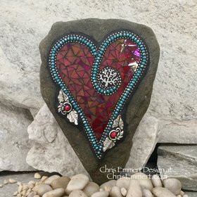 Iridescent Red and Teal Heart, Tree of Life Garden Stone, Mosaic, Garden Decor