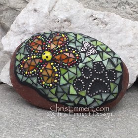 Orange Flower w/Green, Black Paw Print - Garden Stone, Pet Memorial, Garden Decor'
