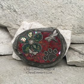 Green Flower w/Red, Black Paw Print - Garden Stone, Pet Memorial, Garden Decor' Dragonflies