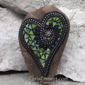 Lime Green Leaf Heart, Garden Stone, Mosaic, Garden Decor