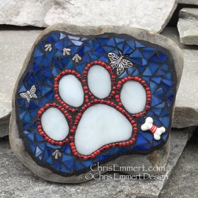 Patriotic Red, White and Blue, Black Paw Print - Garden Stone, Pet Memorial, Garden Decor'