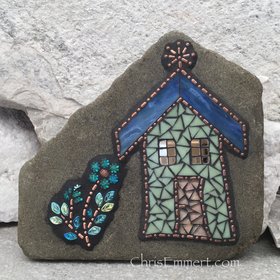 House Mosaic Rock, Gardener Gift, Home Decor, Mosaic Garden Stone