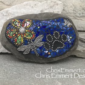 Yellow Flower w/Blue, Dragonfly, Black Paw Print - Garden Stone, Pet Memorial, Garden Decor'