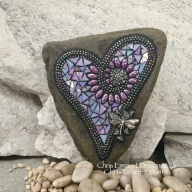 Iridescent Lavender Heart with Purple Flower, Garden Stone, Mosaic, Garden Decor