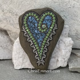 Blue and Green Angel Wing Mosaic Heart, Mosaic Rock, Garden Stone, Home Decor, Gardener Gift, Garden Decor,