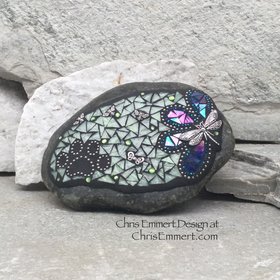 Blue Flower w/Pale Green, Black Paw Print - Garden Stone, Pet Memorial, Garden Decor'