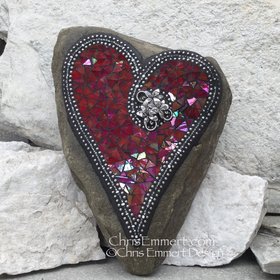 Reserved Iridescent Red Heart Mosaic Rock, Gardener Gift, Home Decor, Mosaic Garden Stone
