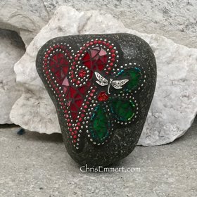 Deep Red Valentine Heart, Garden Stone, Green Flower