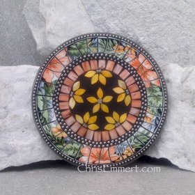 Mosaic Trivet, Candle Plate, Home Decor,  Mixed Media Art, Yellow Orange, Green, Peach and Black