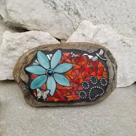 Teal Flower w/Red, Black Paw Print - Garden Stone, Pet Memorial, Garden Decor Dragonflies
