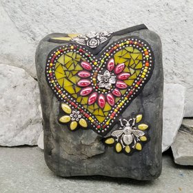 Yellow Mosaic Heart, Bee and Flowers Garden Stone, Garden Decor