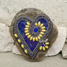 Iridescent Dark Blue Mosaic Heart Garden Stone, Mosaic Garden Decor Yellow Flowers