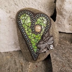 Lime Green Heart, Mosaic Paperweight, Dragonfly Garden Stone