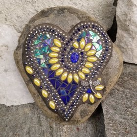 Iridescent Dark Blue Mosaic Heart Garden Stone, Mosaic Garden Decor Yellow Flowers