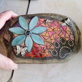 Teal Flower w/Red, Black Paw Print - Garden Stone, Pet Memorial, Garden Decor Dragonflies