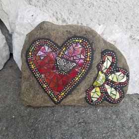 Iridescent Red Mosaic Heart, Garden Stone, Garden Decor, Butterfly