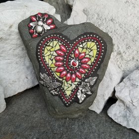 Red and Yellow Flower Mosaic Heart, Garden Stone, Garden Decor