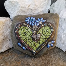 Green Heart Mosaic Garden Stone with Blue Flowers