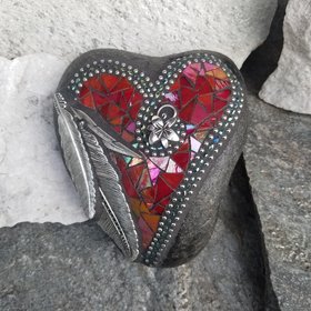 Iridescent Red Feather Mosaic Heart, Garden Stone, Garden Decor