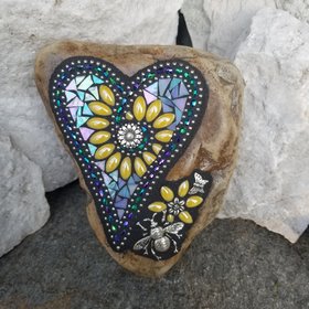 Iridescent Blue Mosaic Heart, Yellow Flowers, Garden Stone, Honey Bee