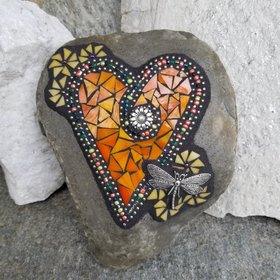 Orange Mosaic Heart Garden Stone with Yellow Pinwheel Flowers