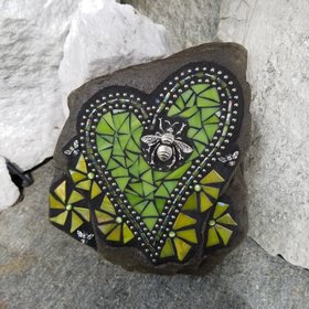 Lime Green Mosaic Heart Garden Stone with Yellow Pinwheel Flowers