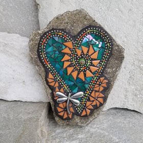 Iridescent Green Mosaic Heart Garden Stone with Orange Pinwheel Flowers