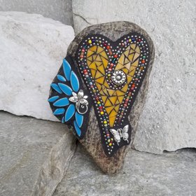 Orange Mosaic Heart Garden Stone with Blue Layered Flower