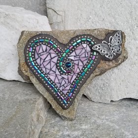 Pink Mosaic Heart Garden Stone with Butterfly