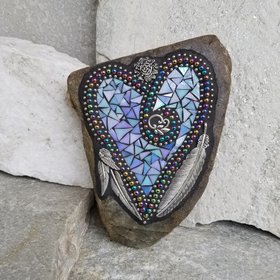 Iridescent Blue Feather Mosaic Heart, Garden Stone, Garden Decor