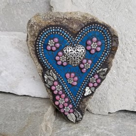 Pink and Blue Mosaic Heart Garden Stone with Orange Pinwheel Flowers