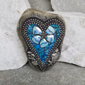 Iridescent Blue Mosaic Heart, Seashells, Garden Stone 