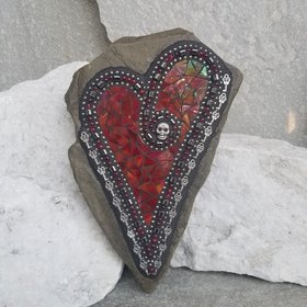 Red Heart Skull Mosaic Garden Stone