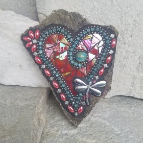 Iridescent Red Mosaic Heart Garden Stone with Dragonfly  