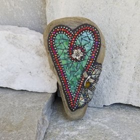 Green Mosaic Heart Garden Stone with Buttercream Flower